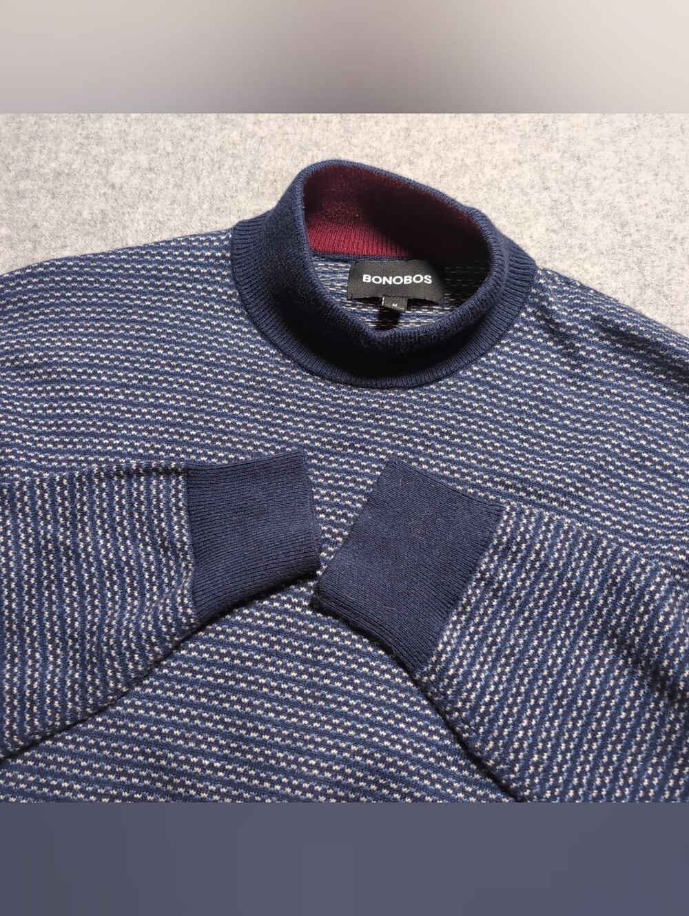 Bonobos Men's Medium Cotton Cashmere Mock Neck Knit Sweater Blue Burgundy